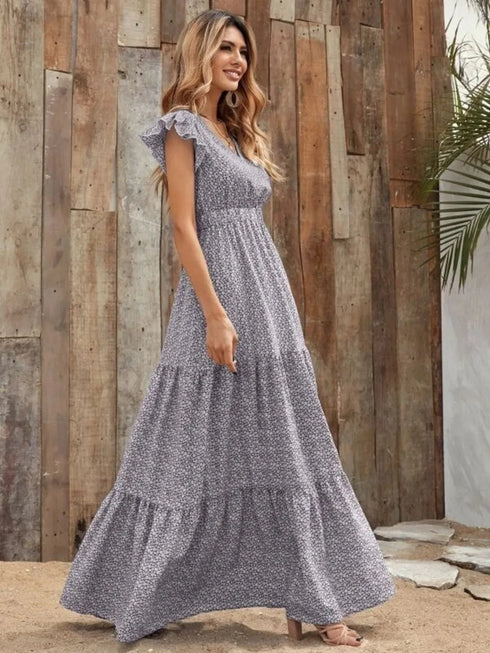 printed-v-neck-ruffled-cap-sleeve-maxi-dress OhSoStyled - Sophia's Style in Green-13